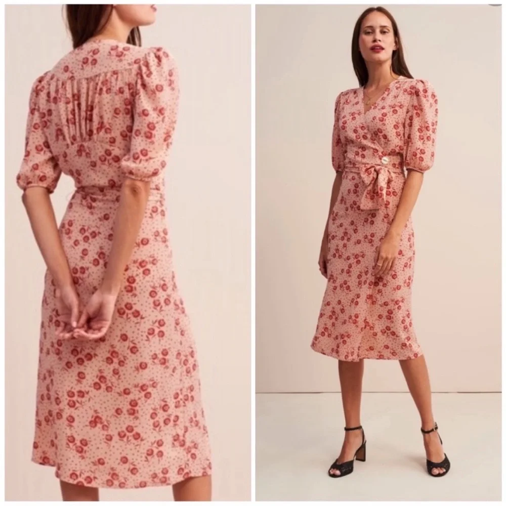 ROUJE Peach Pink Red Retro Classic Floral Dot Printed Rosalie Midi Wrap Dress - Picture 14 of 14